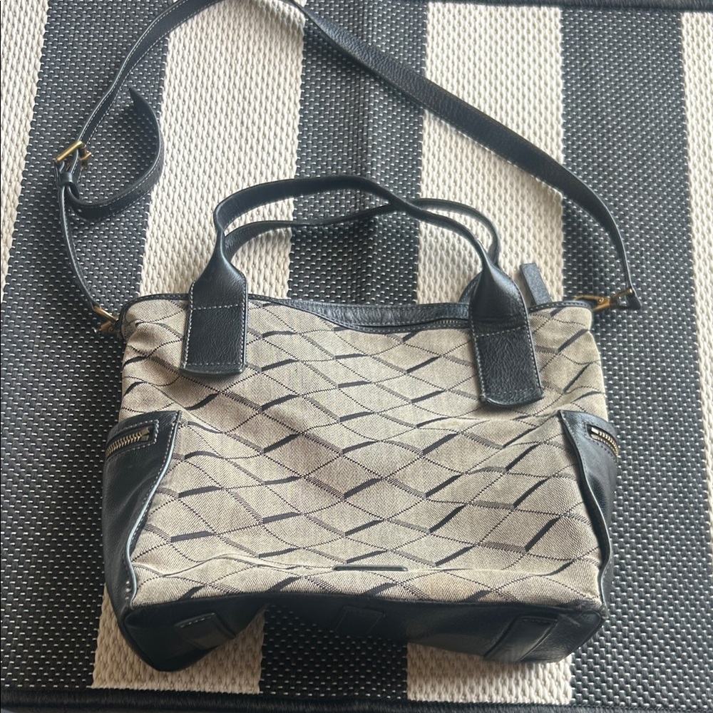 Fossil Beige Canvas Shoulder Bag with Black Leather Trim